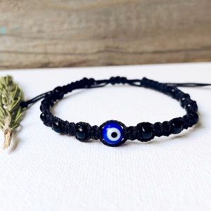 Blue Turkish Evil Eye Black Nylon Beaded Bracelet